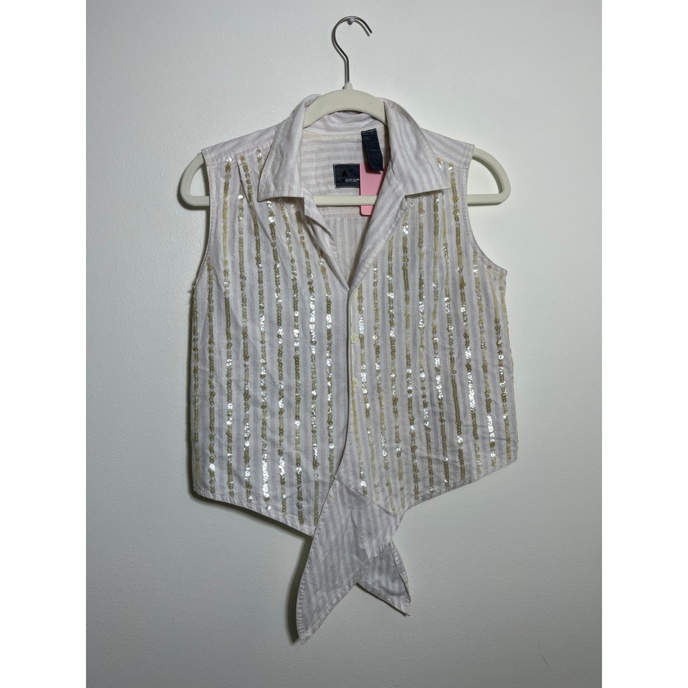 Lizwear Pink White Striped Sequin Tie Front Sleeveless Button Down Shirt M
